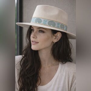 Lack Of Color AQUA BEVERLY Cream Wide-Brim Wool Hat Turquoise Embroidered Band